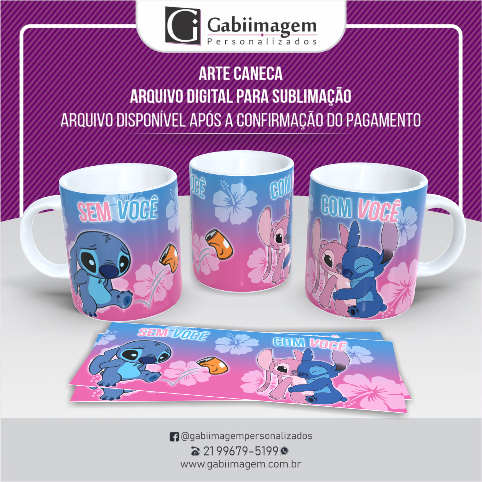 Arte Caneca Stitch E Angel Para Sublimação – Sem Você, Com Você - Mod02