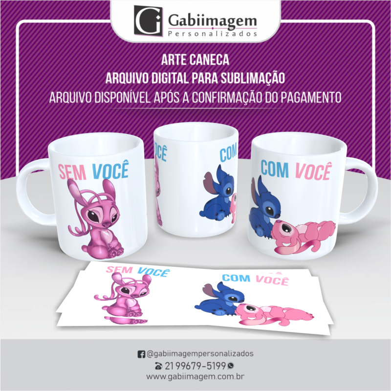 Arte Caneca Stitch e Angel para Sublimação – Sem Você, Com Você - Mod23
