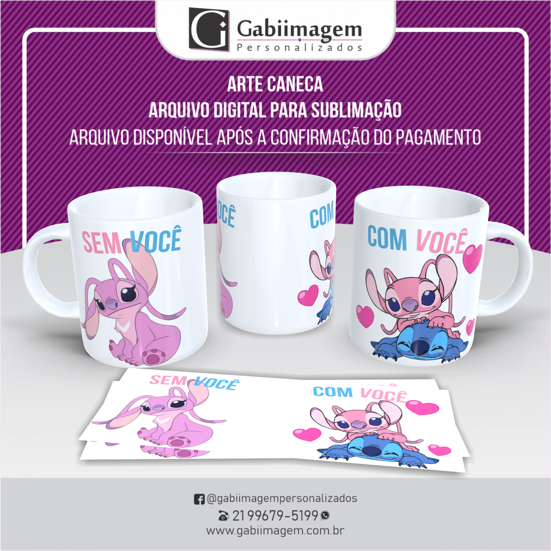 Arte Caneca Stitch e Angel para Sublimação – Sem Você, Com Você - Mod26