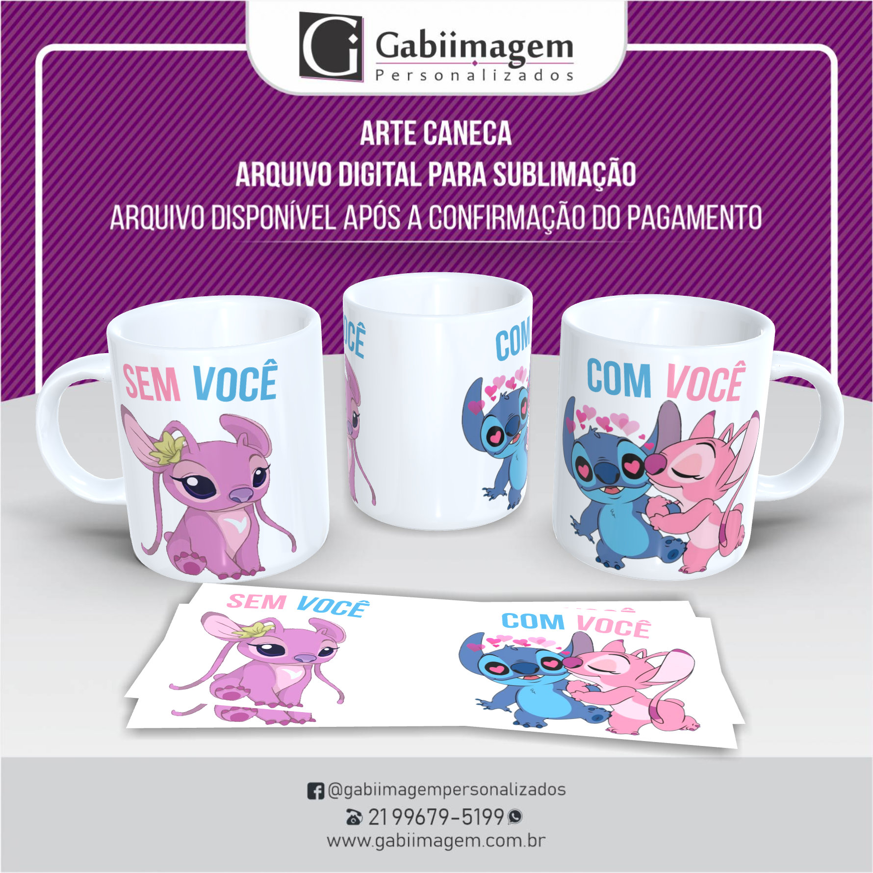 Arte Caneca Stitch e Angel para Sublimação – Sem Você, Com Você - Mod27