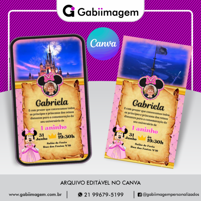 convite animado Minnie Rosa Princesa