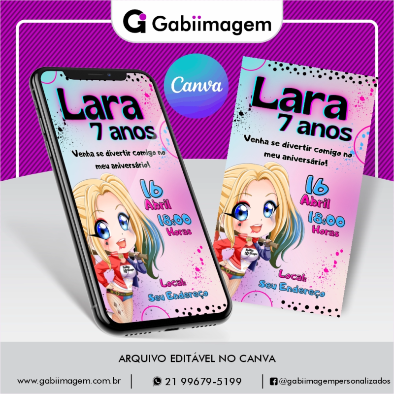 convite digital arlequina cute
