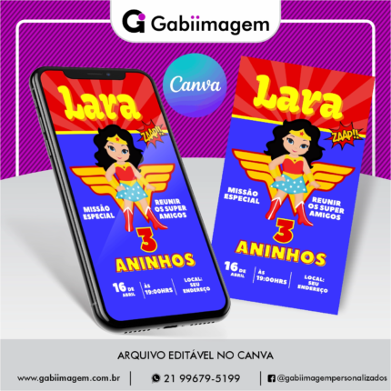 convite digital mulher maravilha cute