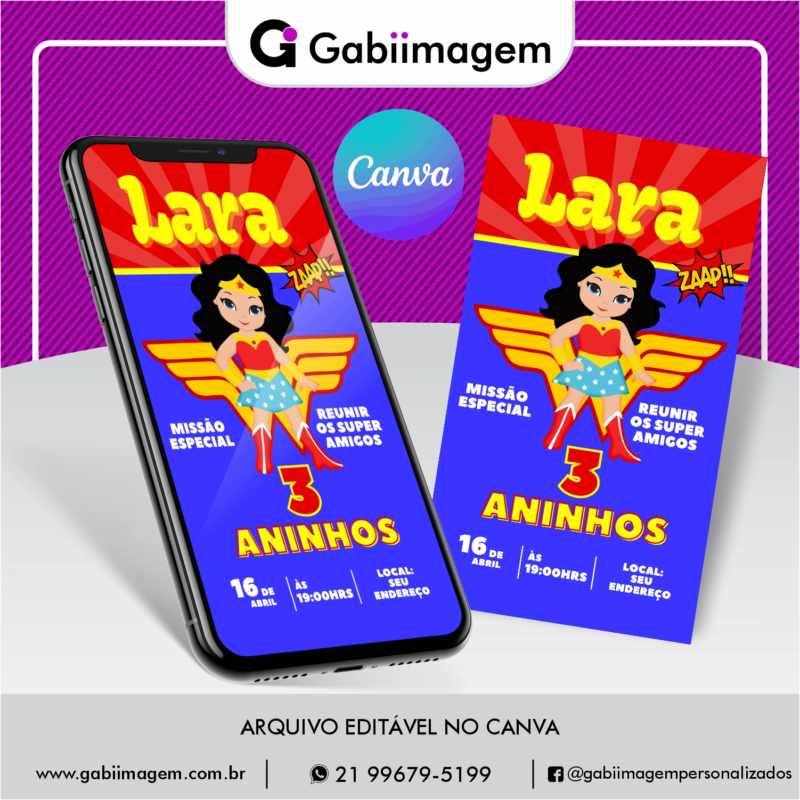 convite digital mulher maravilha cute