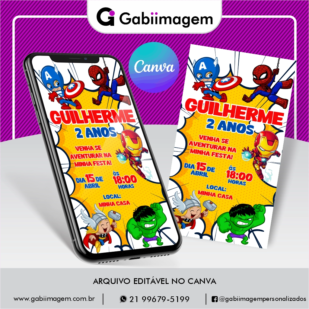convite digital vingadores cute