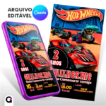 Convite Digital Hot Wheels modelo exclusivo editável no Canva para festa infantil