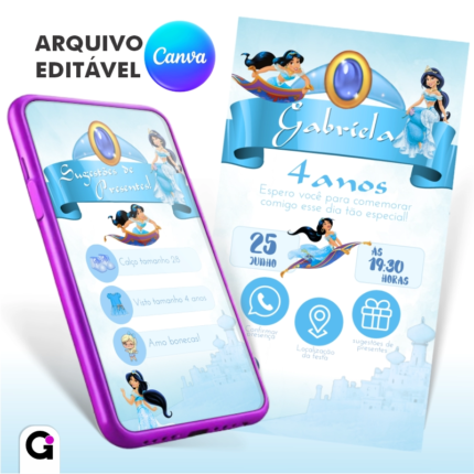 Convite digital Princesa Jasmine infantil interativo editável no Canva