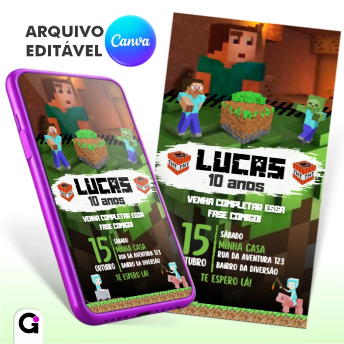 Convite Digital Animado Minecraft