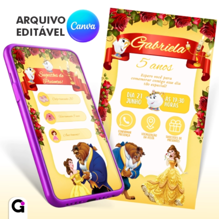 convite A Bela e a Fera interativo digital editável no Canva