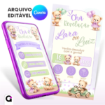 Convite chá revelação ursinhos verde e lilás interativo editável