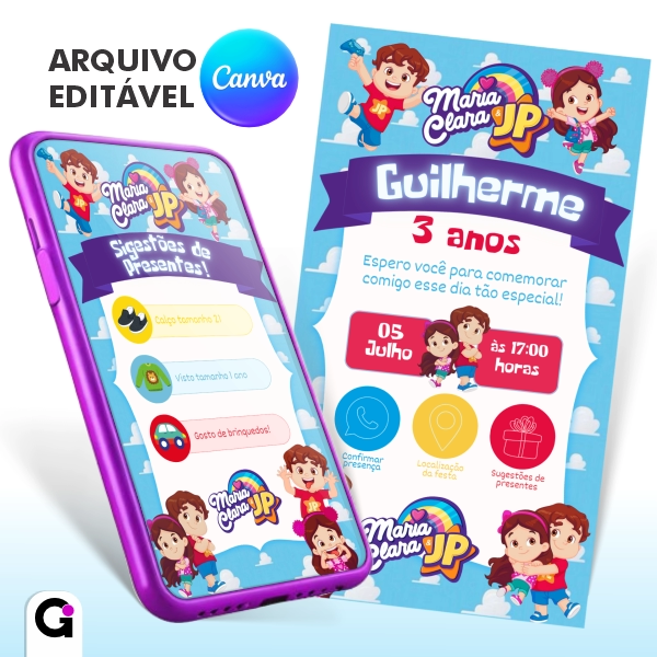 Convite digital Maria Clara e JP interativo infantil colorido editável no Canva