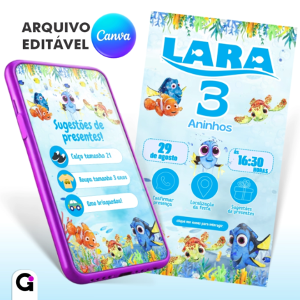 Convite Procurando Nemo Aquarela Interativo digital infantil editável no Canva fundo do mar delicado