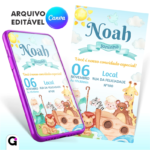 Convite digital Arca de Noé aquarela infantil editável no Canva