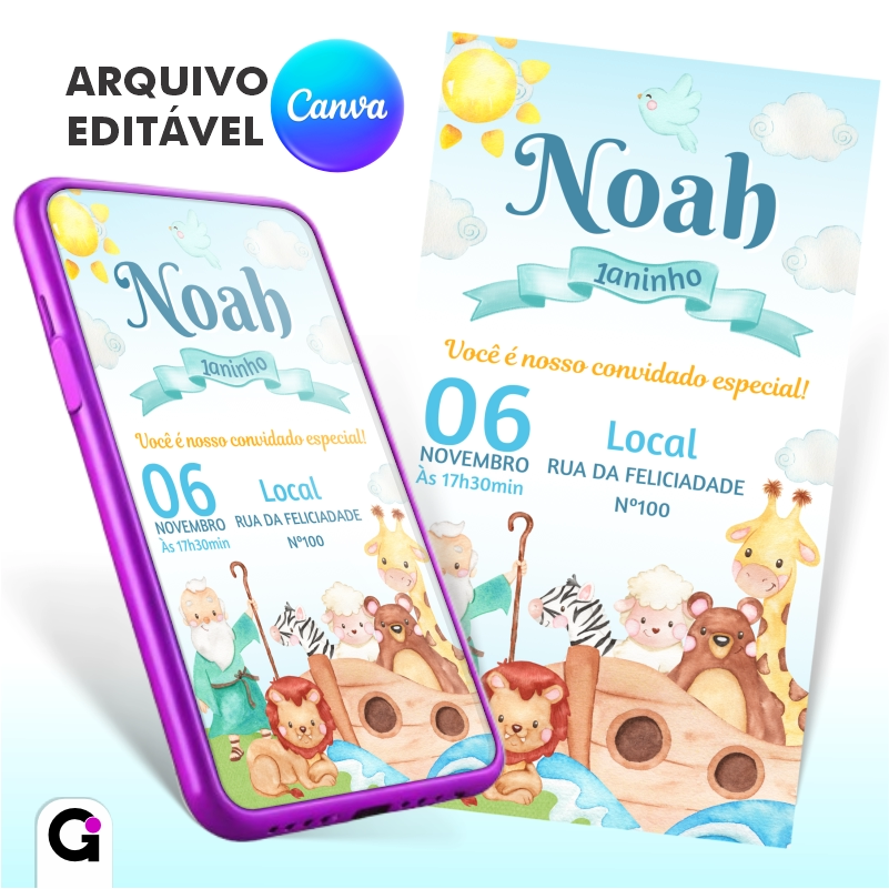 Convite digital Arca de Noé aquarela infantil editável no Canva