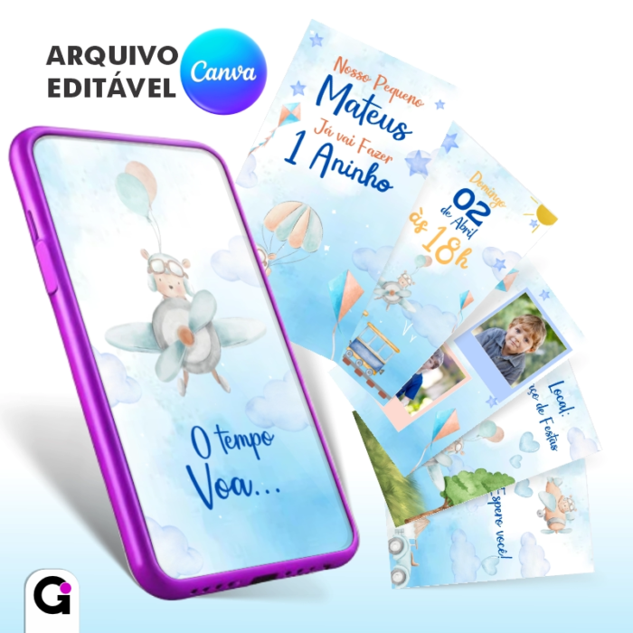 Convite Digital Animado Urso Aviador