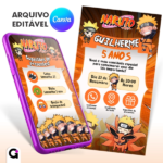 convite digital naruto cute interativo infantil editável canva tema anime fofo