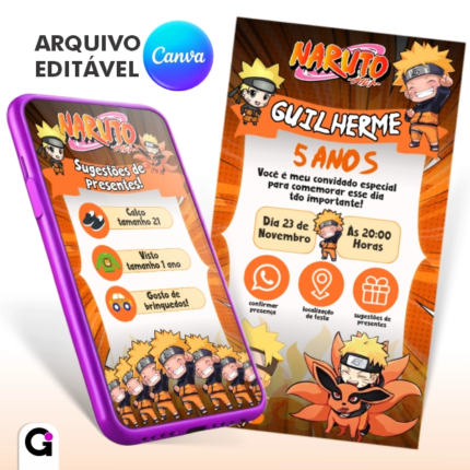 convite digital naruto cute interativo infantil editável canva tema anime fofo