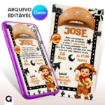 convite digital cangaceiro nordestino infantil editável canva tema nordeste festa junina