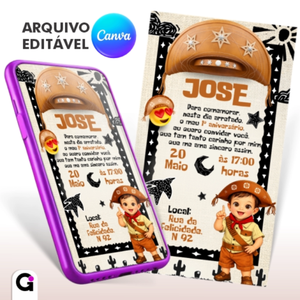 convite digital cangaceiro nordestino infantil editável canva tema nordeste festa junina