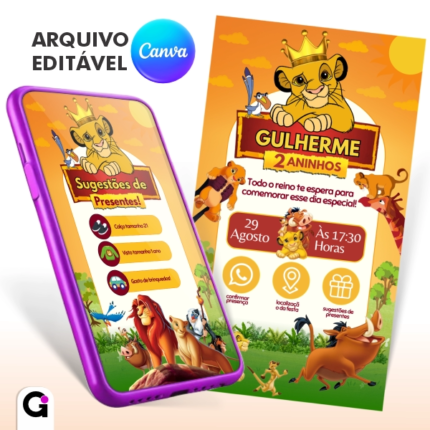convite digital rei leão interativo infantil editável canva tema savana