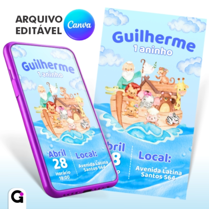 convite digital arca de noé infantil editável canva tema bíblico festa