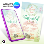 convite digital bosque encantado infantil delicado editável canva tema floresta