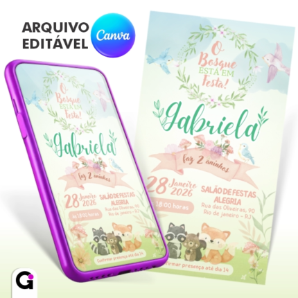 convite digital bosque encantado infantil delicado editável canva tema floresta