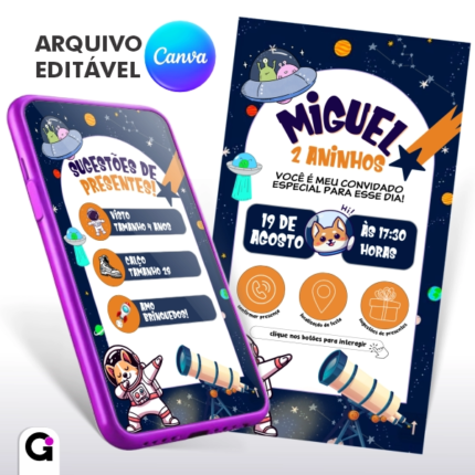 convite digital astronauta cachorro interativo editável canva tema espacial infantil