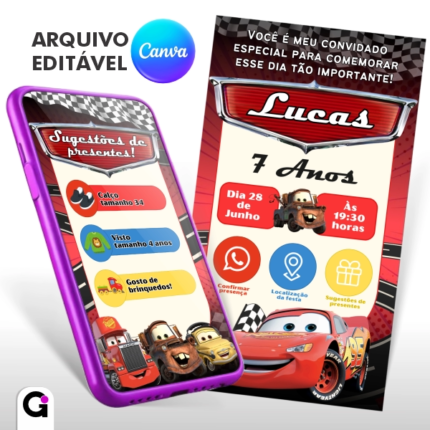 convite digital carros interativo infantil editável canva tema corrida