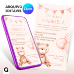 convite digital cha de bebe ursinha menina delicado editável canva