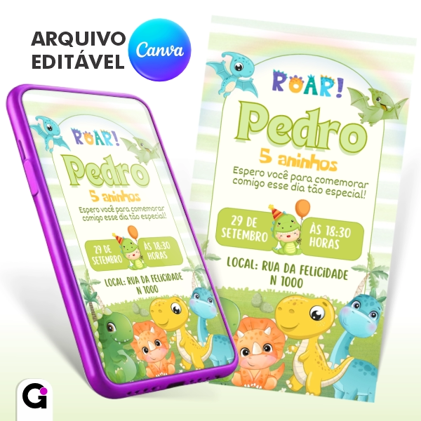 dinosaouro convite digital dinossauro baby infantil fofo editável canva festa