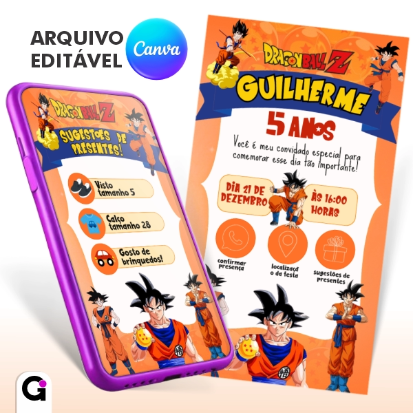 dragonball convite digital goku anime interativo editável canva tema anime infantil