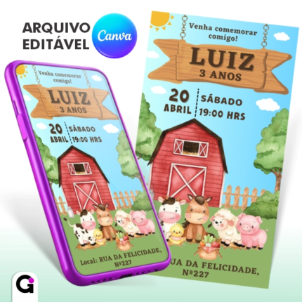 convite digital fazendinha aquarela infantil delicado editável canva festa fazenda