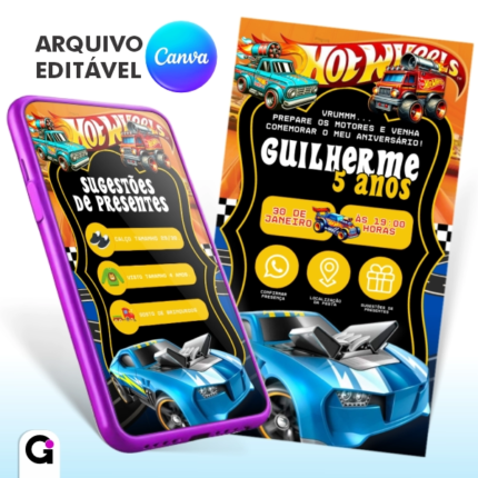 convite digital hot wheels interativo editável canva tema corrida infantil radical