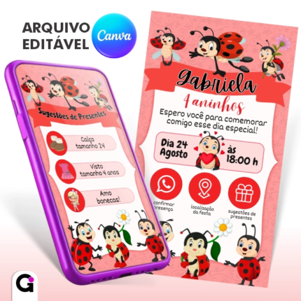 convite digital joaninha interativo infantil editável canva tema jardim