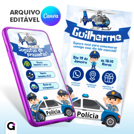 convite digital polícia interativo infantil editável canva tema policial