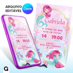 Convite sereia infantil editável tema fundo do mar delicado