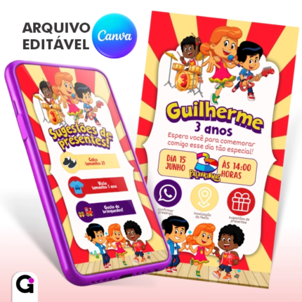 convite digital 3 palavrinhas interativo infantil editável canva colorido alegre
