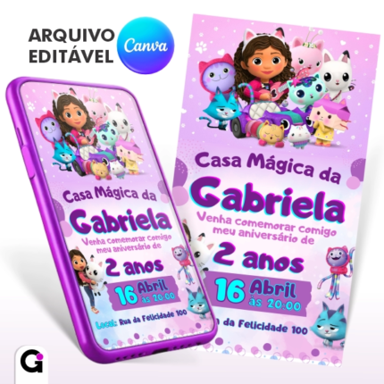 convite digital casa mágica da gabby gabby's dollhouse simples editável canva infantil