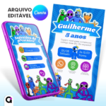 convite digital rainbow friends interativo infantil editável canva colorido divertido