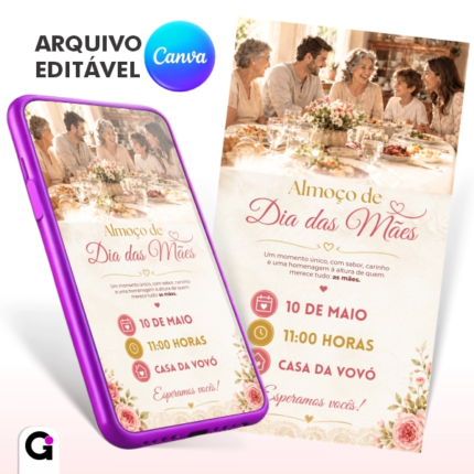 convite digital almoço dia das mães simples elegante editável canva