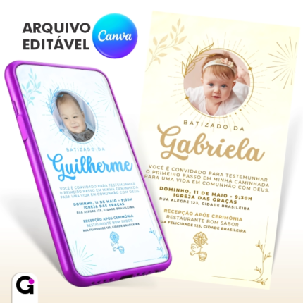 convite digital batizado simples com foto delicado editável canva religioso
