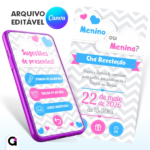 convite digital chá revelação interativo azul e rosa editável canva bebê