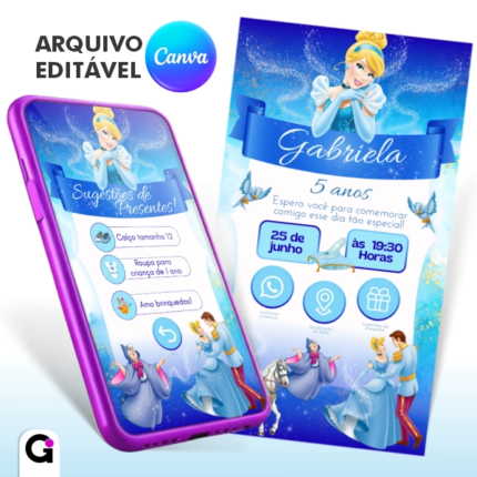 convite digital cinderela interativo infantil editável canva princesa elegante