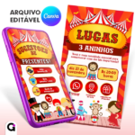 convite digital circo cute interativo infantil editável canva colorido fofo
