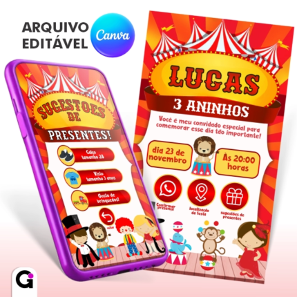 convite digital circo cute interativo infantil editável canva colorido fofo