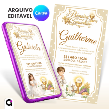 convite primeira comunhão digital menino menina editável canva simples religioso