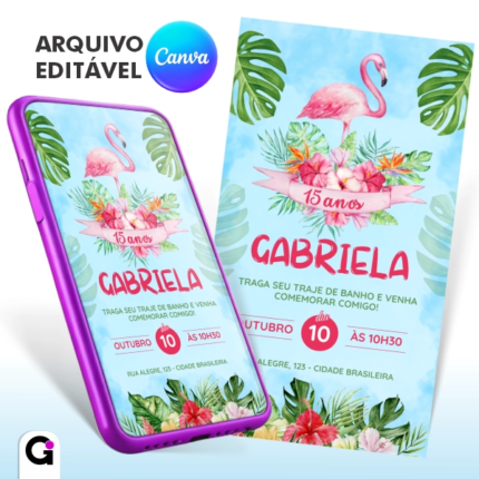 convite digital flamingo simples tropical editável canva festa feminina
