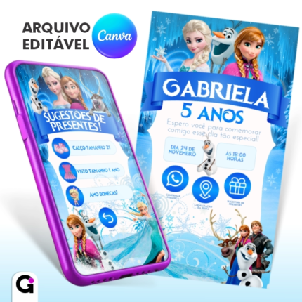 convite digital frozen interativo infantil editável canva tema gelo princesa