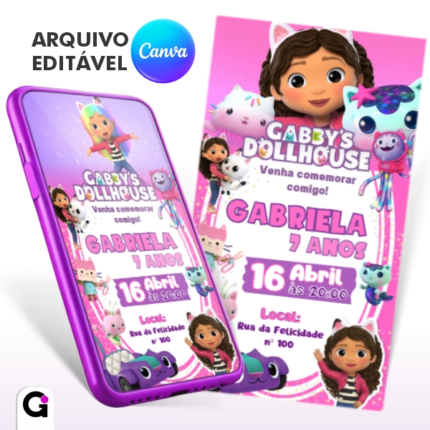 convite animado casa mágica da gabby gabby's dollhouse mp4 editável canva infantil